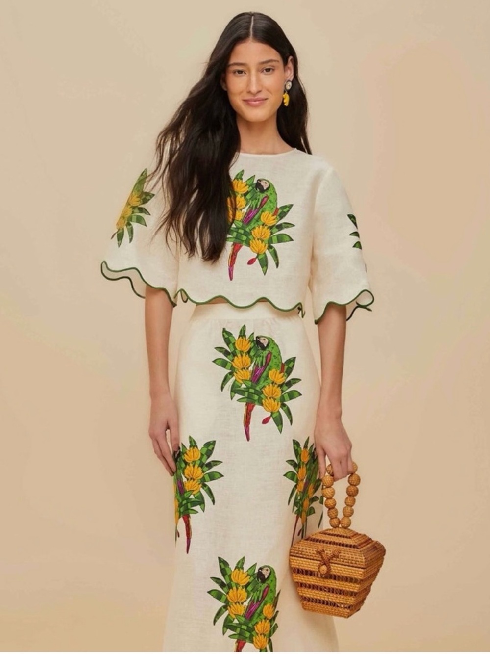FARM Rio Maxi Top with Green & Yellow Parrot Motif